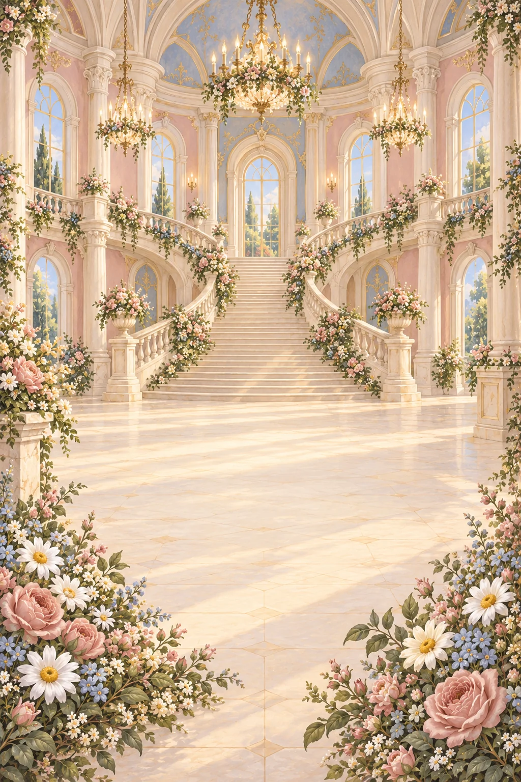 Salón de baile de cuento con escalinata, ventanales y flores